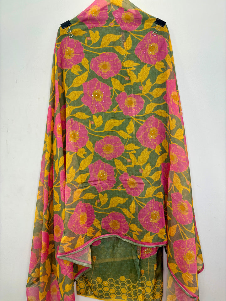 Green Mul Cotton Unstitched Suit with Floral Print