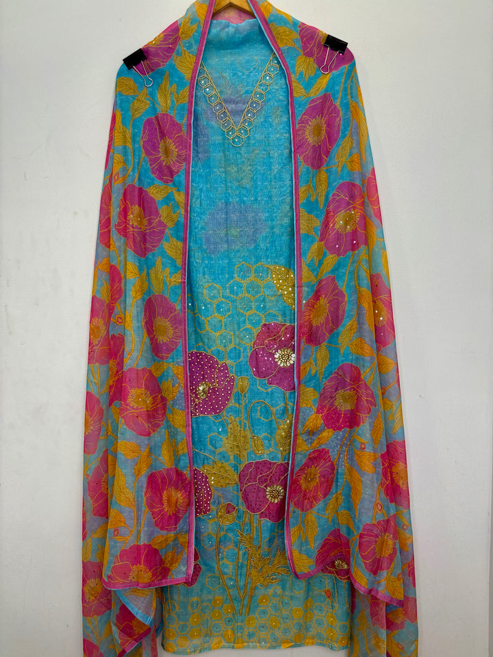 Blue Mul Cotton Unstitched Suit with Floral Print