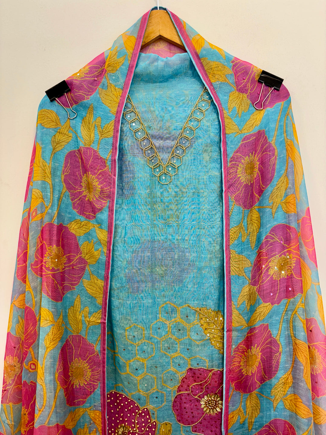 Blue Mul Cotton Unstitched Suit with Floral Print