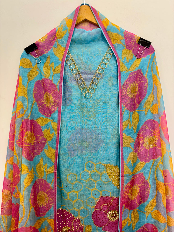 Blue Mul Cotton Unstitched Suit with Floral Print