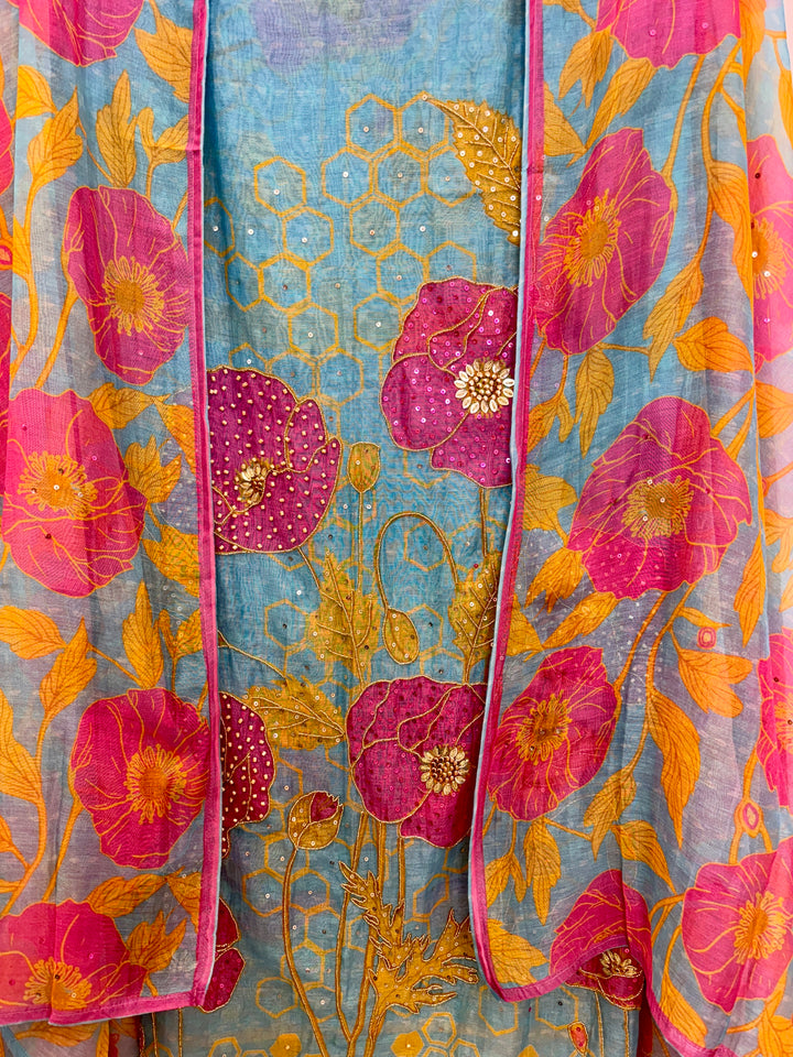 Blue Mul Cotton Unstitched Suit with Floral Print