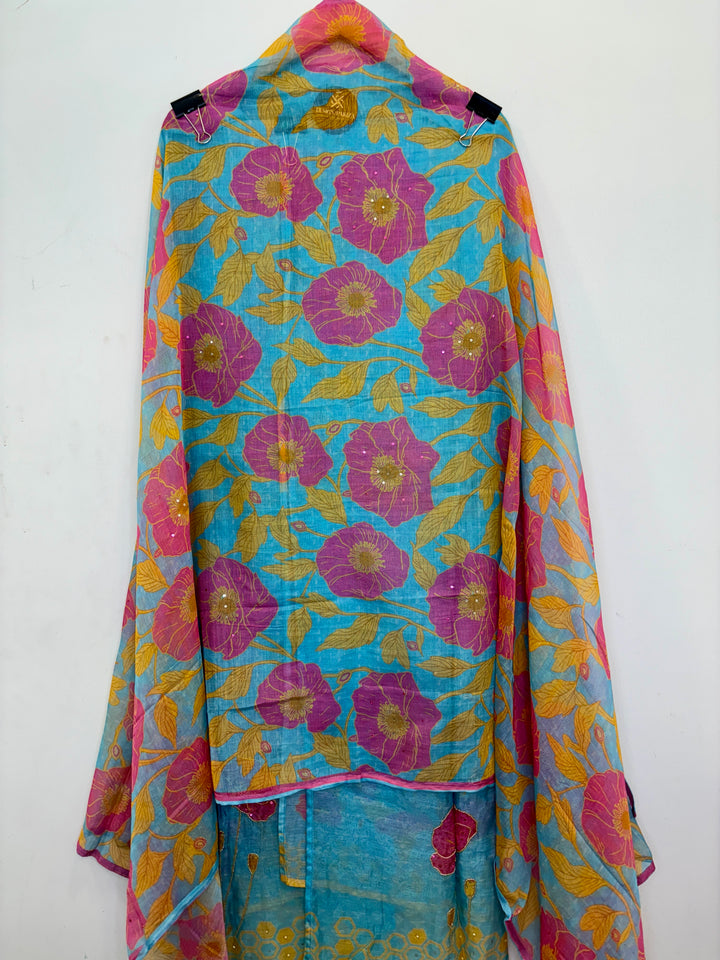 Blue Mul Cotton Unstitched Suit with Floral Print
