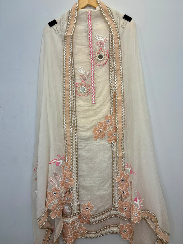Ivory Peach Mul Cotton Unstitched Suit with Applique &amp; Jute Detailing