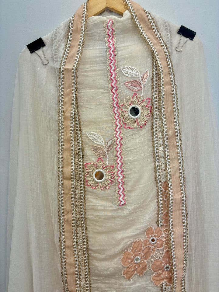 Ivory Peach Mul Cotton Unstitched Suit with Applique &amp; Jute Detailing