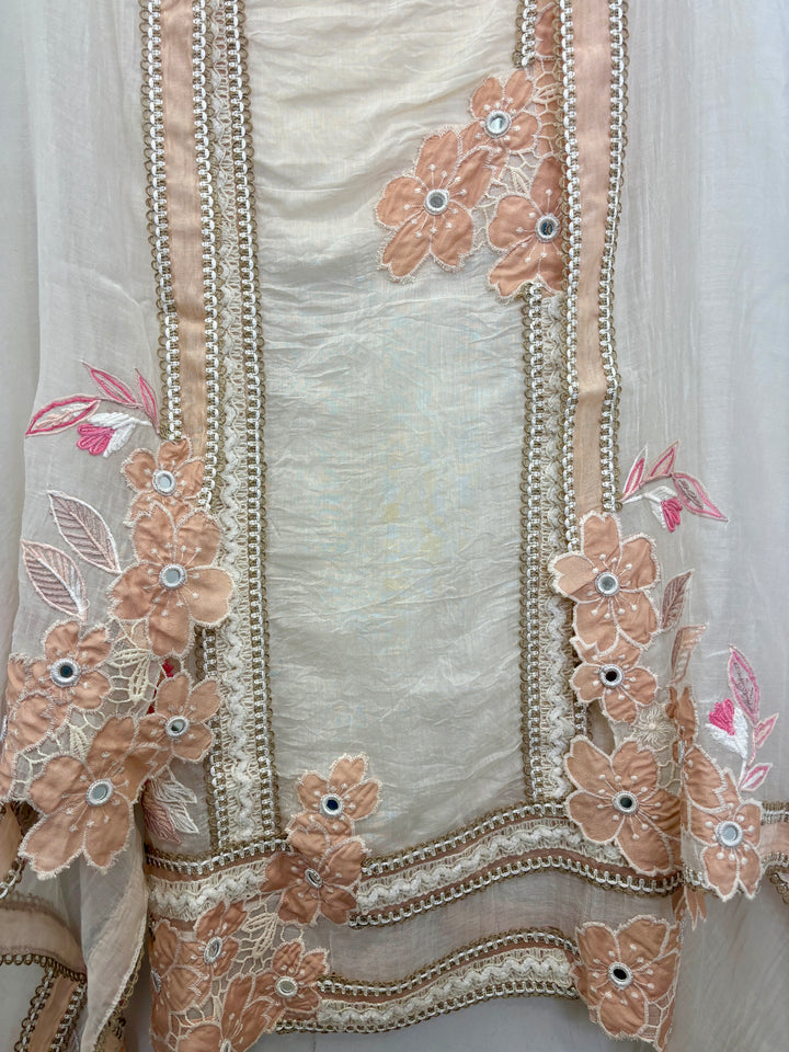 Ivory Peach Mul Cotton Unstitched Suit with Applique &amp; Jute Detailing