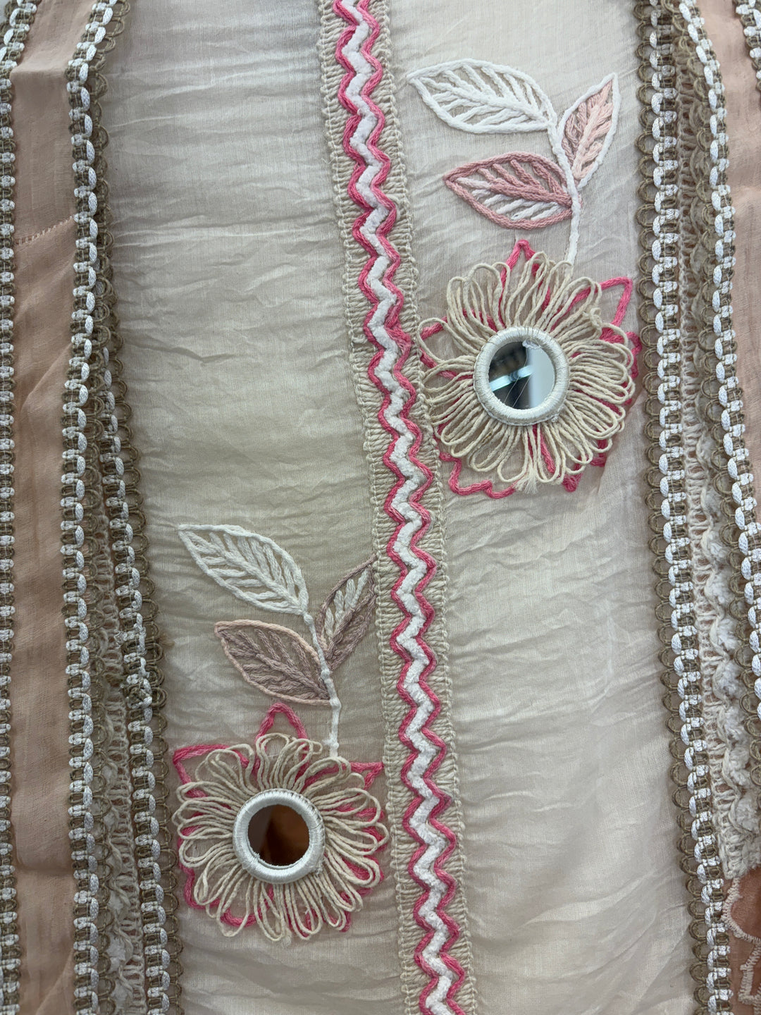 Ivory Peach Mul Cotton Unstitched Suit with Applique &amp; Jute Detailing