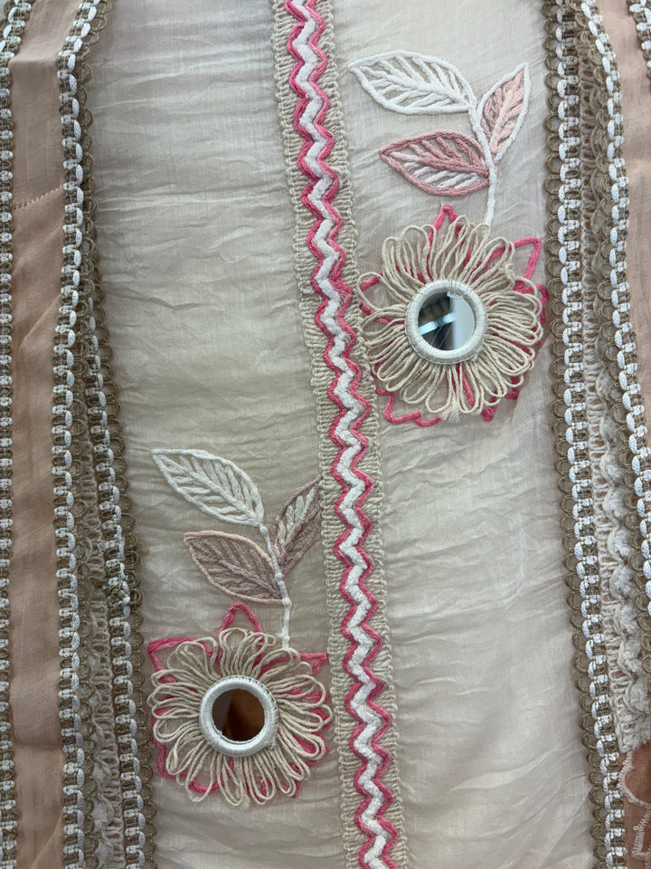 Ivory Peach Mul Cotton Unstitched Suit with Applique &amp; Jute Detailing