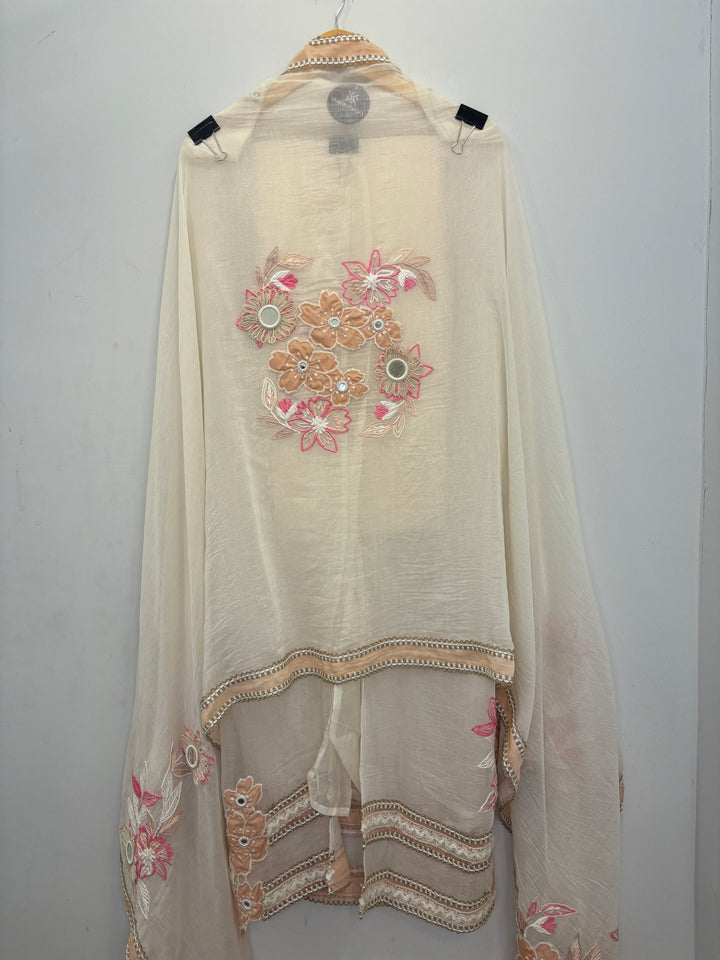 Ivory Peach Mul Cotton Unstitched Suit with Applique &amp; Jute Detailing
