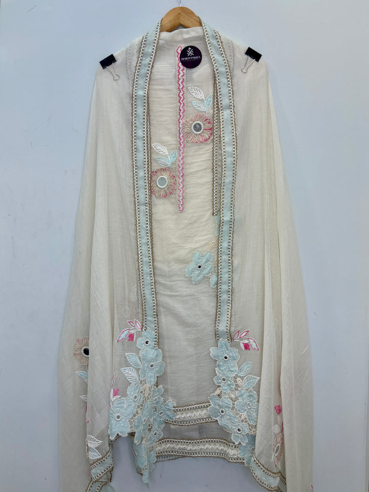 Ivory Blue Mul Cotton Unstitched Suit with Applique &amp; Jute Detailing