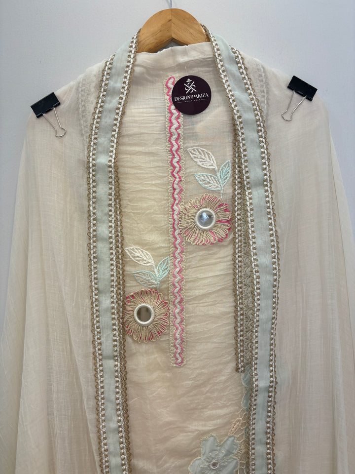Ivory Blue Mul Cotton Unstitched Suit with Applique &amp; Jute Detailing