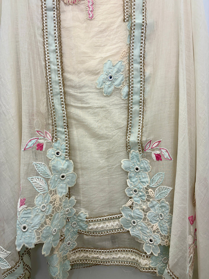 Ivory Blue Mul Cotton Unstitched Suit with Applique &amp; Jute Detailing