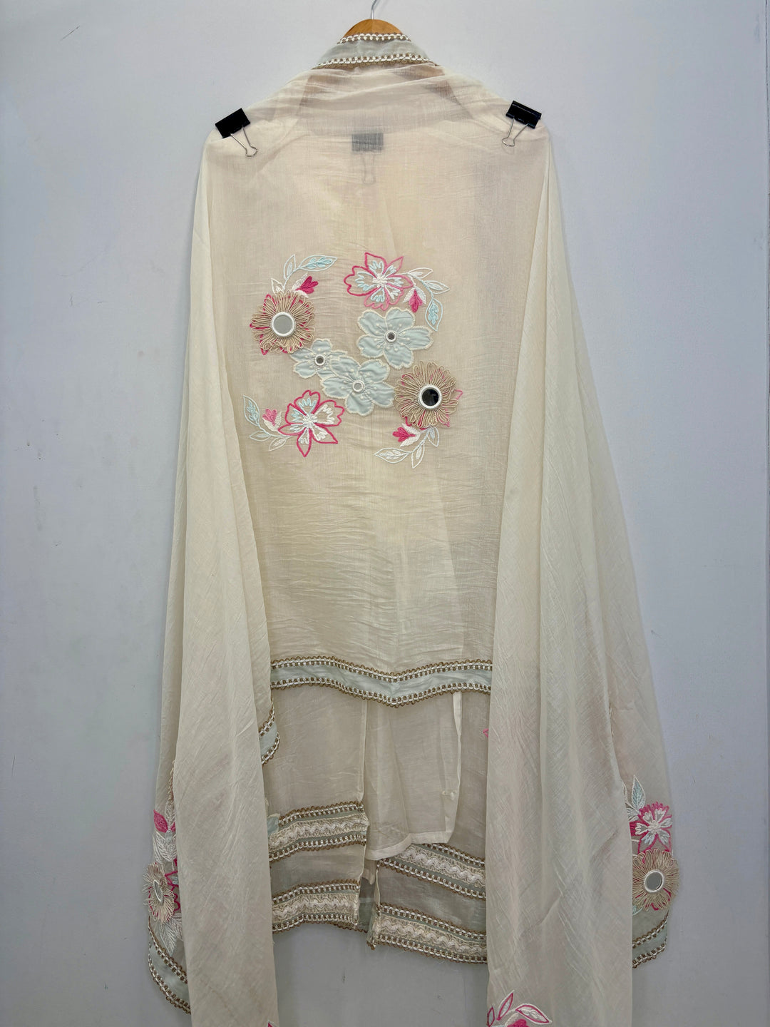 Ivory Blue Mul Cotton Unstitched Suit with Applique &amp; Jute Detailing