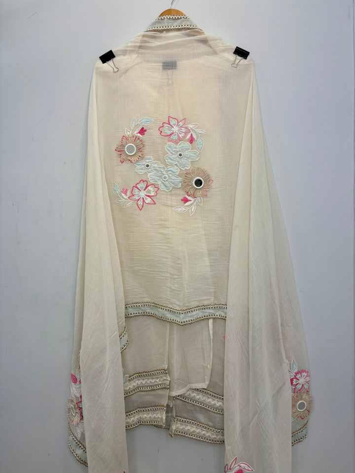 Ivory Blue Mul Cotton Unstitched Suit with Applique &amp; Jute Detailing