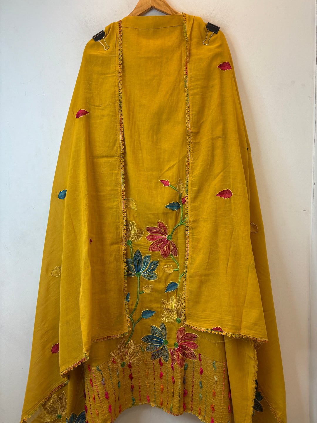 Mustard Yellow Mul Cotton Unstitched Suit Set with Floral Embroidery &amp; Jute Detailing