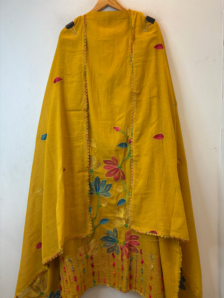 Mustard Yellow Mul Cotton Unstitched Suit Set with Floral Embroidery &amp; Jute Detailing