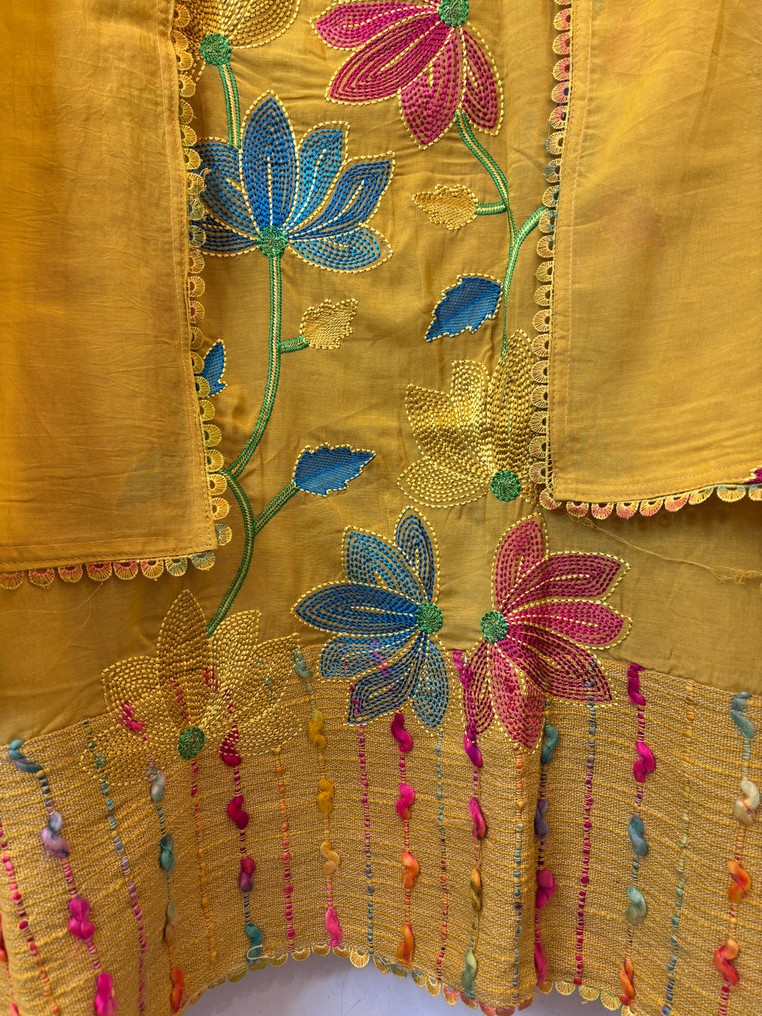 Mustard Yellow Mul Cotton Unstitched Suit Set with Floral Embroidery &amp; Jute Detailing