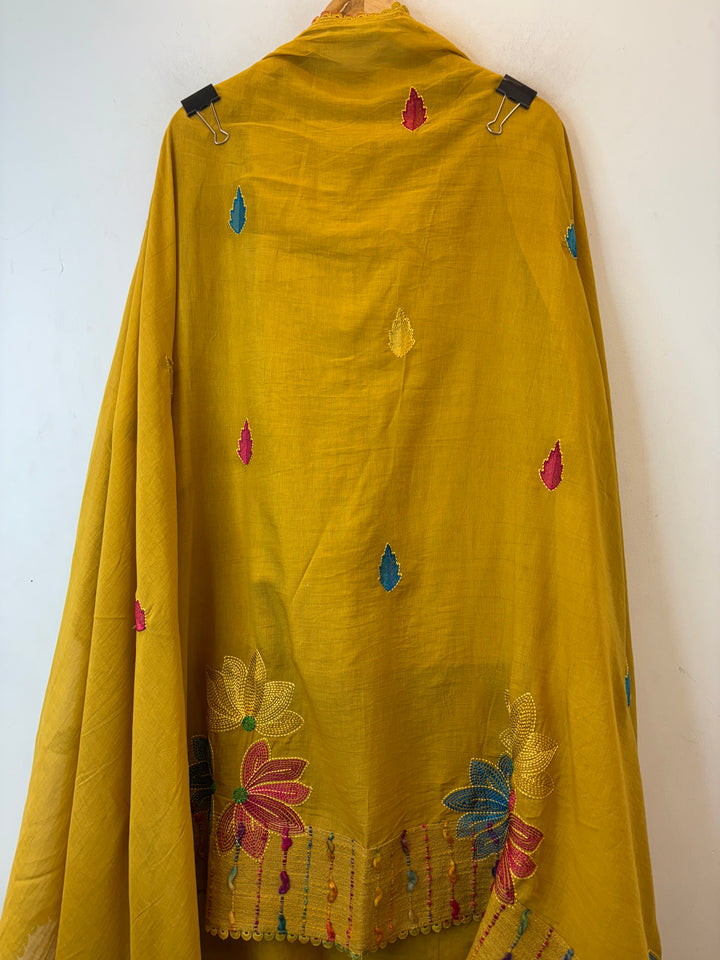 Mustard Yellow Mul Cotton Unstitched Suit Set with Floral Embroidery &amp; Jute Detailing
