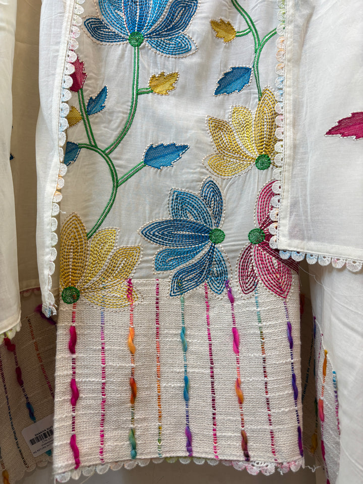 White Mul Cotton Unstitched Suit Set with Floral Embroidery &amp; Jute Detailing