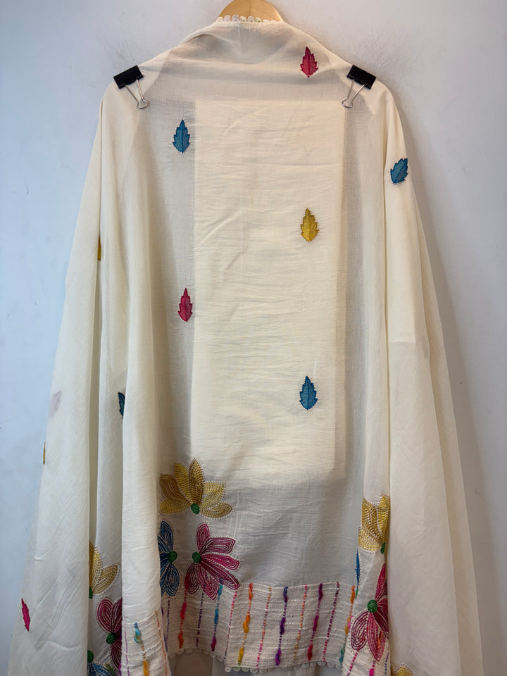 White Mul Cotton Unstitched Suit Set with Floral Embroidery &amp; Jute Detailing
