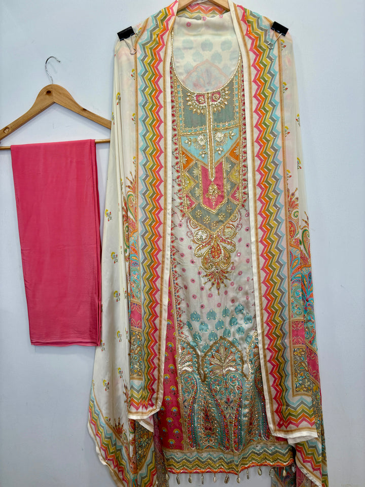 Pakistani-Inspired Satin Organza with Pink Bottom