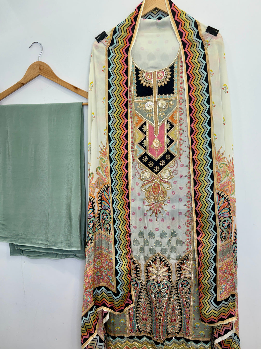 Pakistani-Inspired Satin Organza with Olive Green