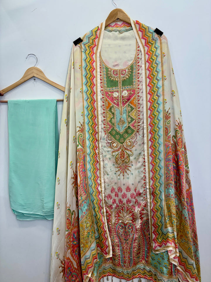 Pakistani-Inspired Satin Organza with Green Bottom