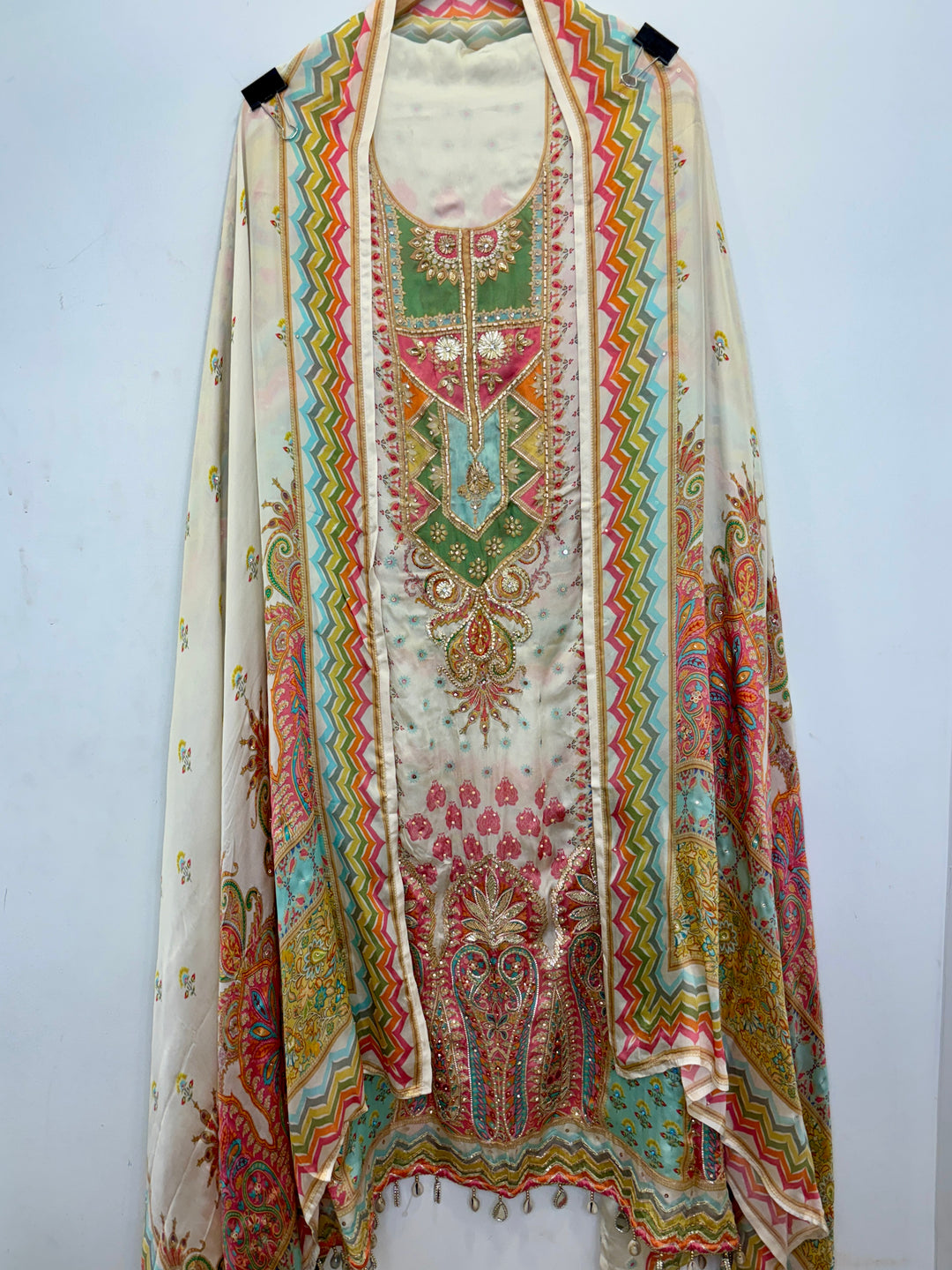 Pakistani-Inspired Satin Organza with Green Bottom