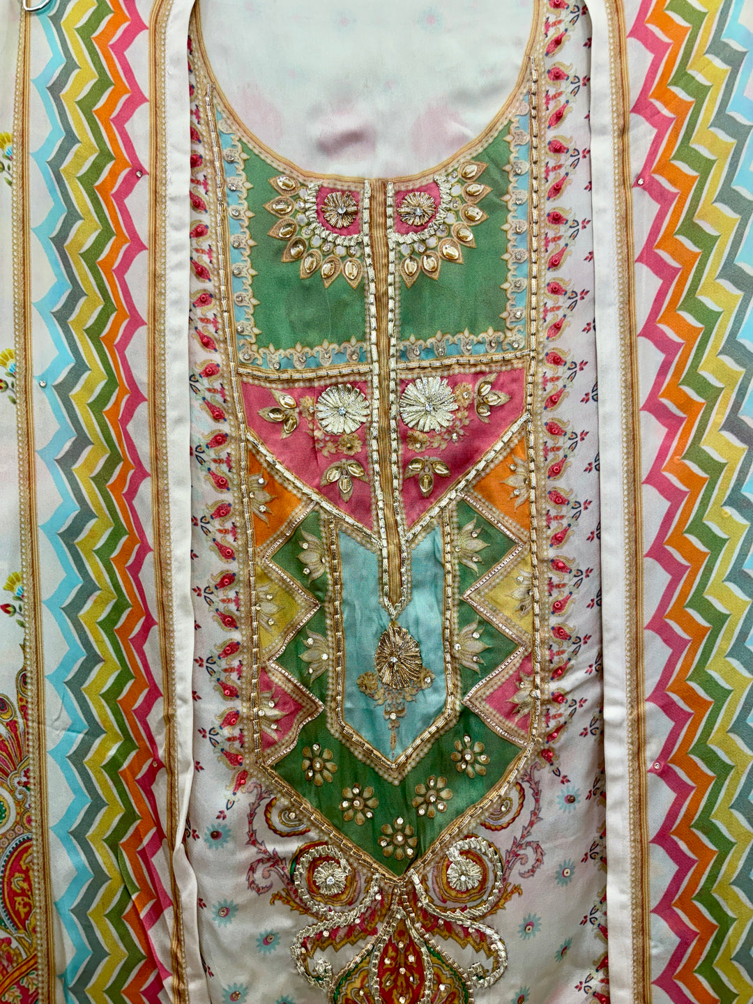 Pakistani-Inspired Satin Organza with Green Bottom