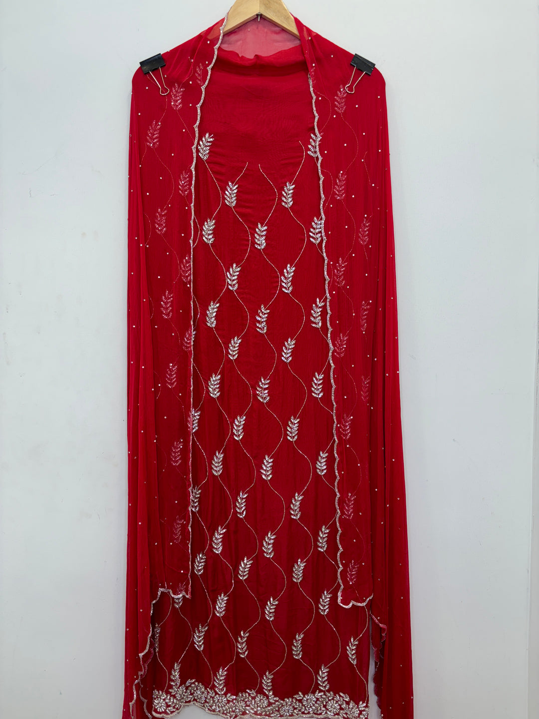 Red Organza Unstitched Suit with Cutdana &amp; Stone Handwork