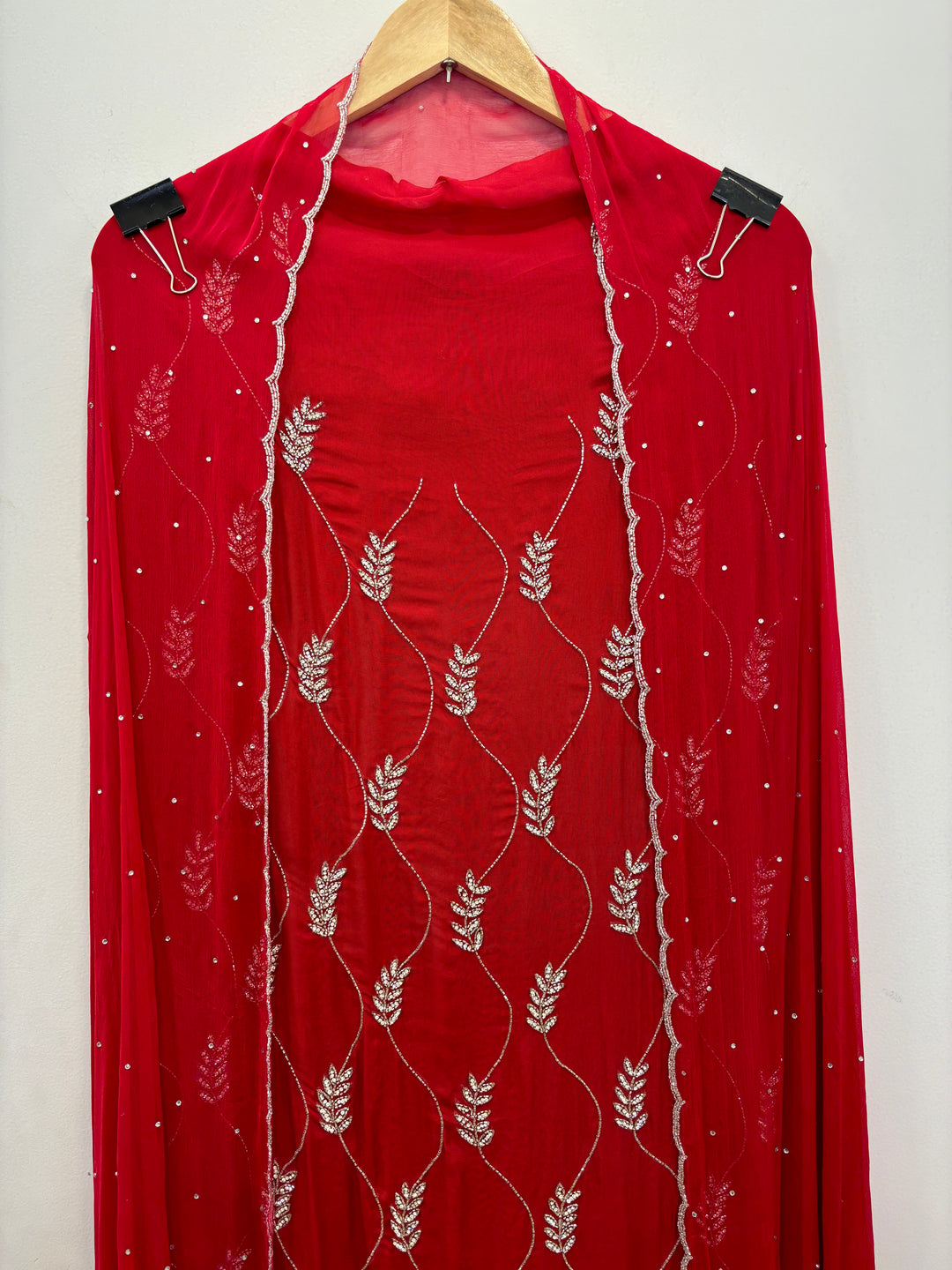 Red Organza Unstitched Suit with Cutdana &amp; Stone Handwork