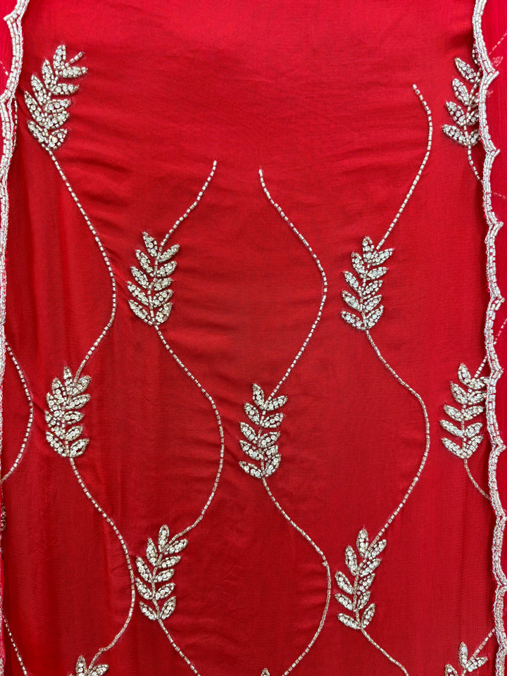 Red Organza Unstitched Suit with Cutdana &amp; Stone Handwork