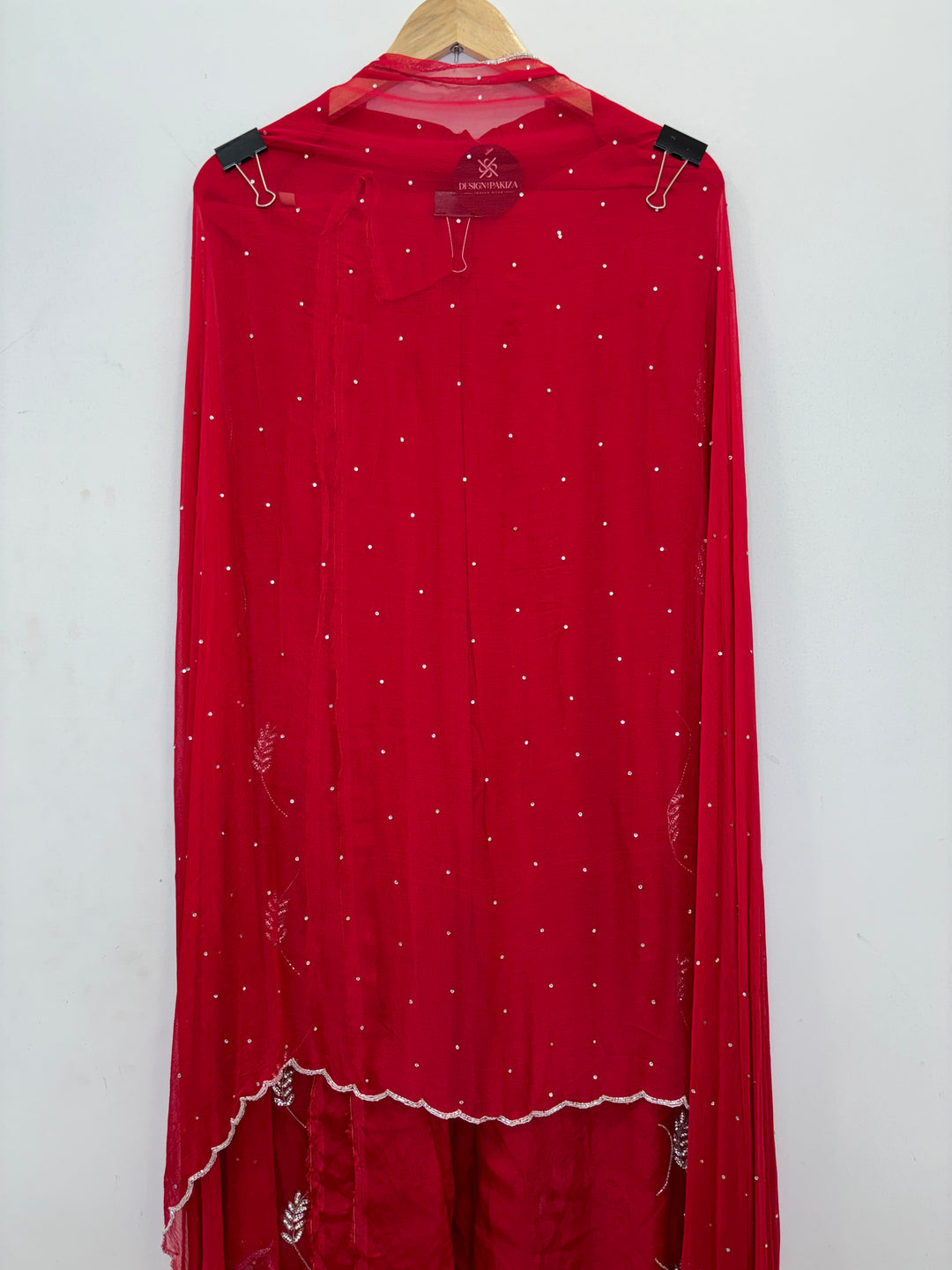Red Organza Unstitched Suit with Cutdana &amp; Stone Handwork