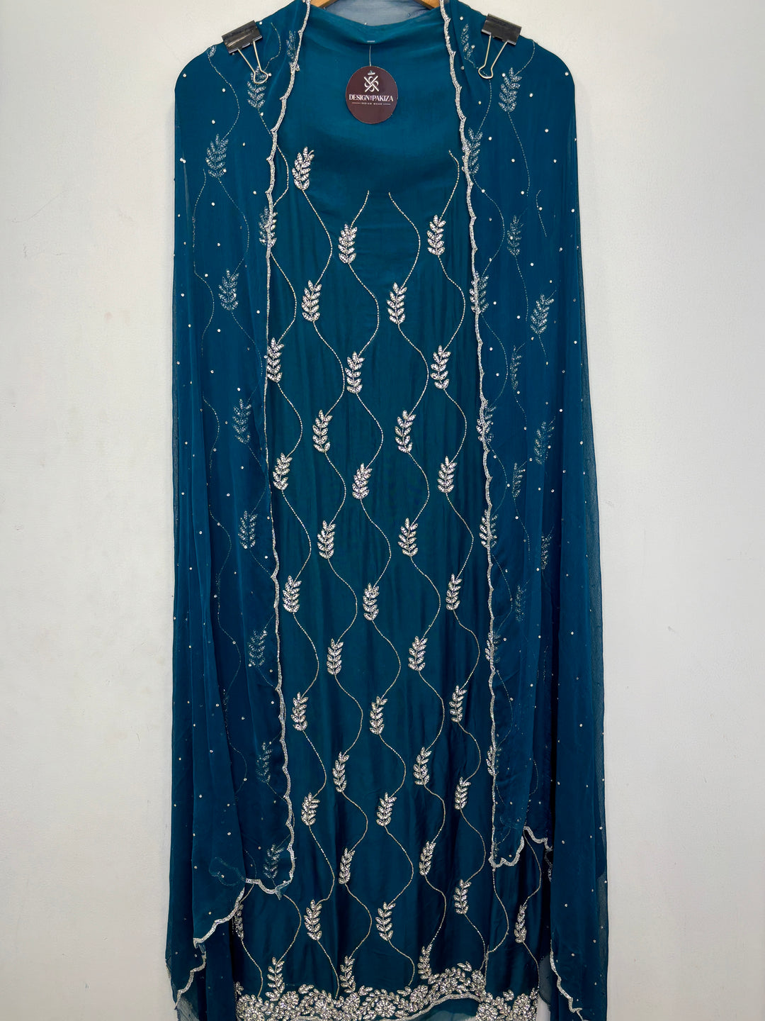 Blue Organza Unstitched Suit with Cutdana &amp; Stone Handwork