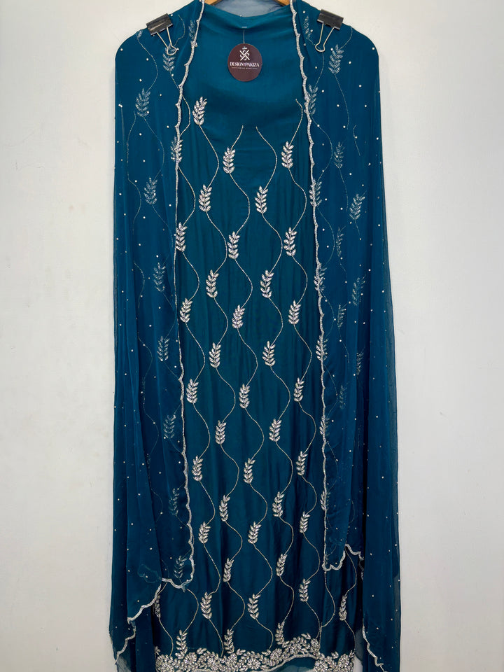 Blue Organza Unstitched Suit with Cutdana &amp; Stone Handwork