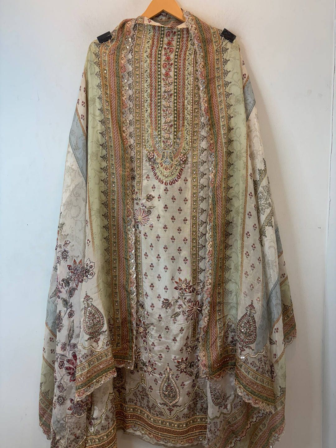 Silk Organza Printed Unstitched Suit Set with Cutdana &amp; Nalki Work