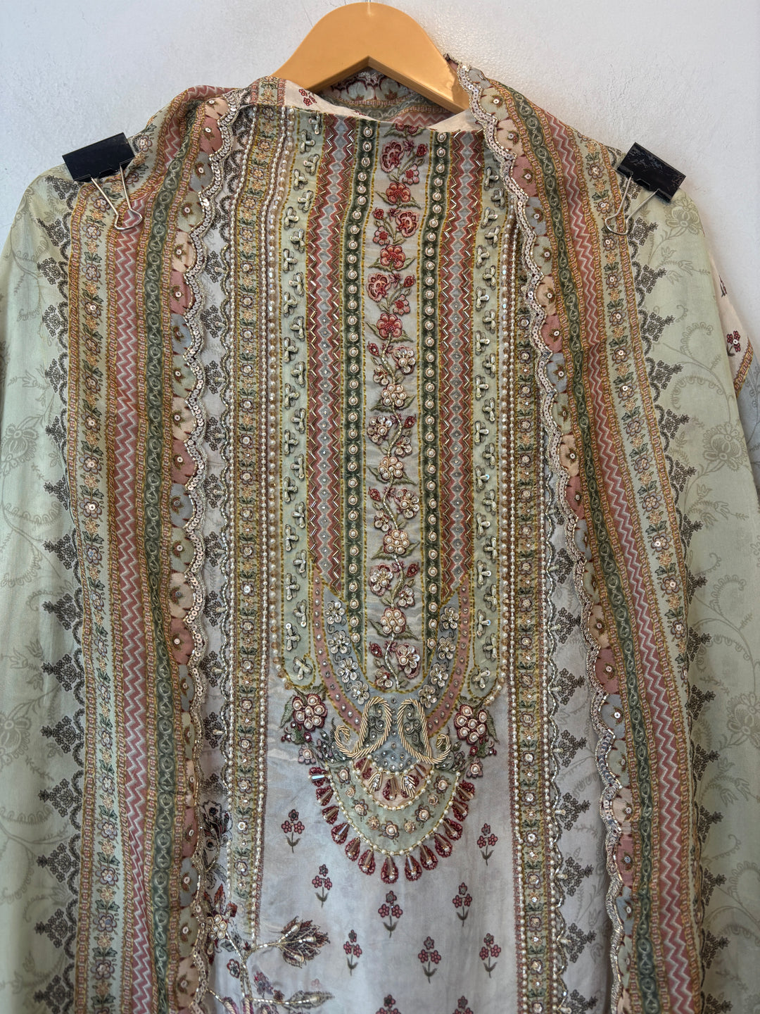 Silk Organza Printed Unstitched Suit Set with Cutdana &amp; Nalki Work