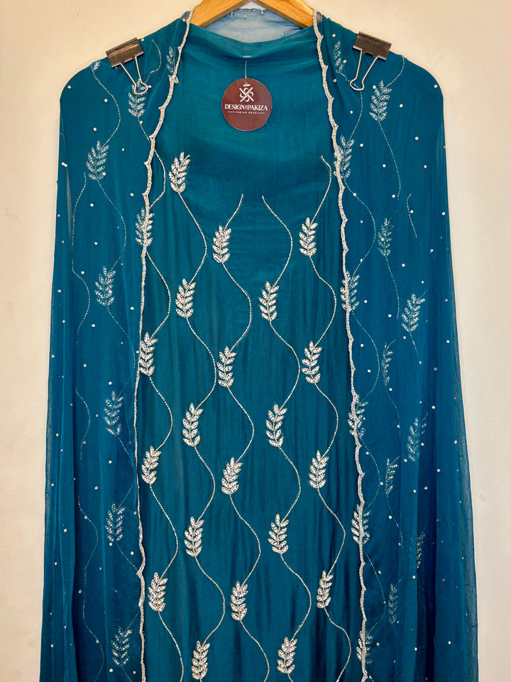 Blue Organza Unstitched Suit with Cutdana &amp; Stone Handwork