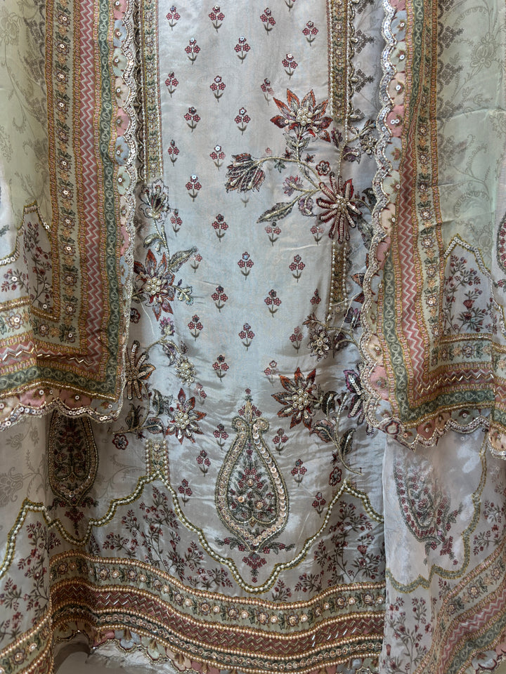 Silk Organza Printed Unstitched Suit Set with Cutdana &amp; Nalki Work
