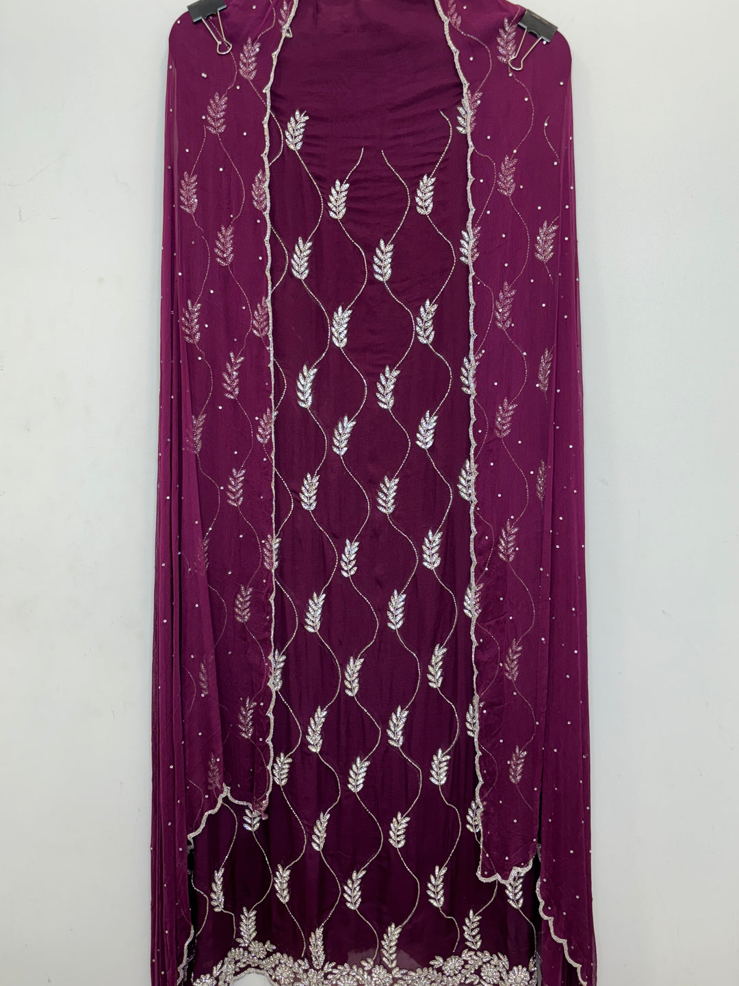Wine Organza Unstitched Suit with Cutdana &amp; Stone Handwork