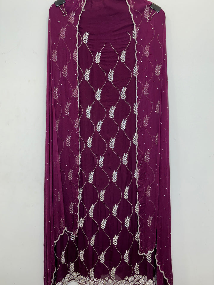 Wine Organza Unstitched Suit with Cutdana &amp; Stone Handwork