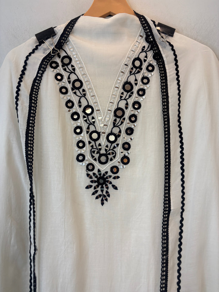 Off White Mul Cotton Unstitched Suit Set with Mirror Embroidery &amp; Crochet Lace