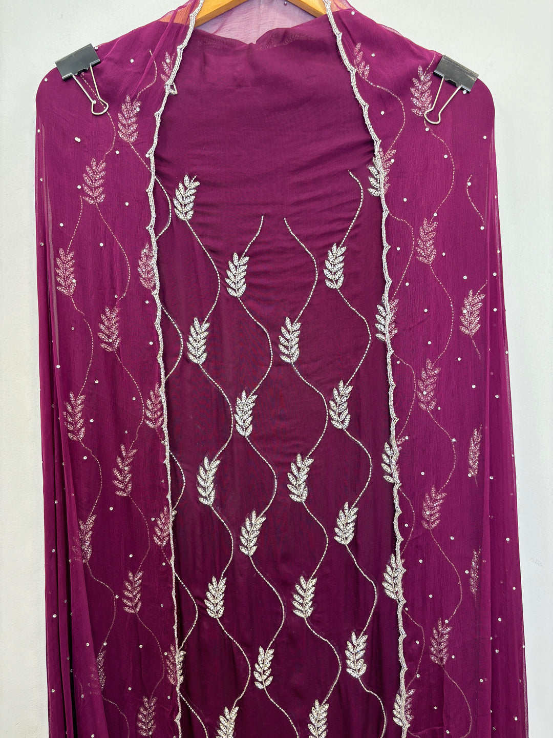 Wine Organza Unstitched Suit with Cutdana &amp; Stone Handwork