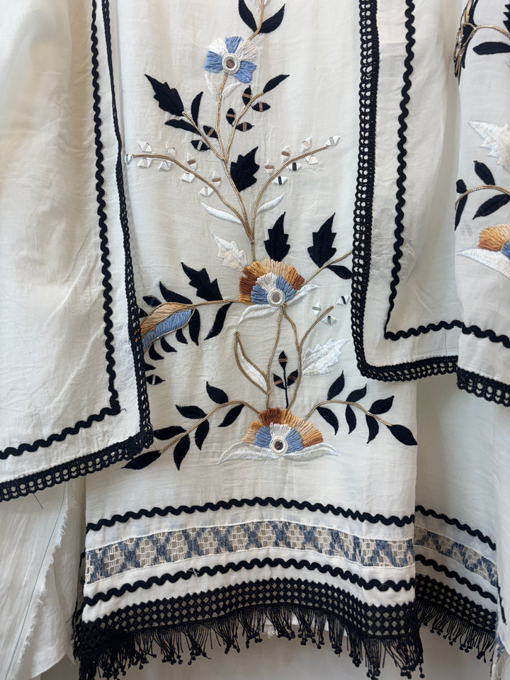 Off White Mul Cotton Unstitched Suit Set with Mirror Embroidery &amp; Crochet Lace