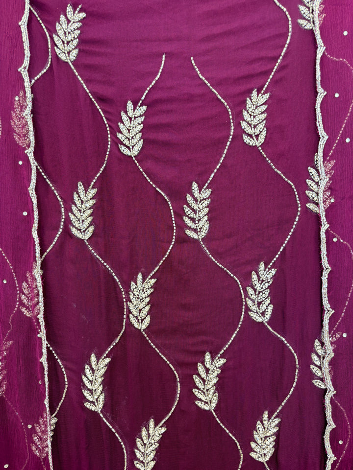 Wine Organza Unstitched Suit with Cutdana &amp; Stone Handwork