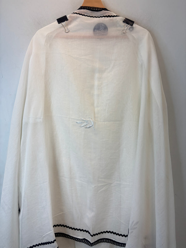 Off White Mul Cotton Unstitched Suit Set with Mirror Embroidery &amp; Crochet Lace
