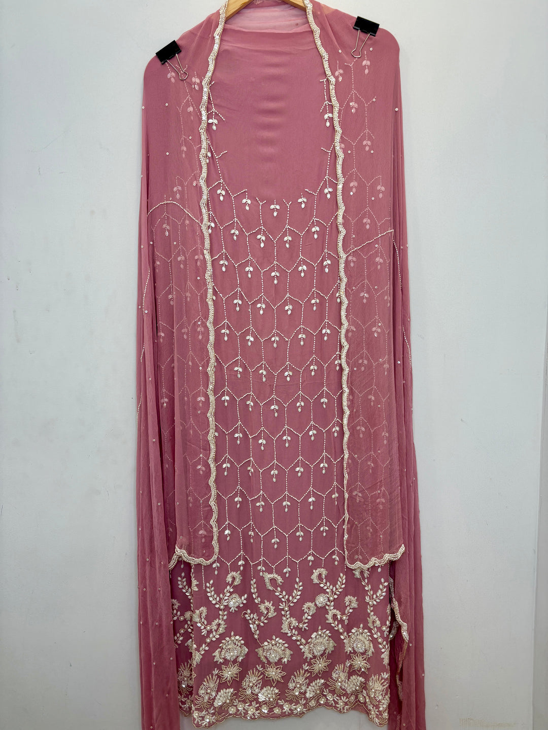 Pink Georgette Unstitched Suit with 3D Handwork