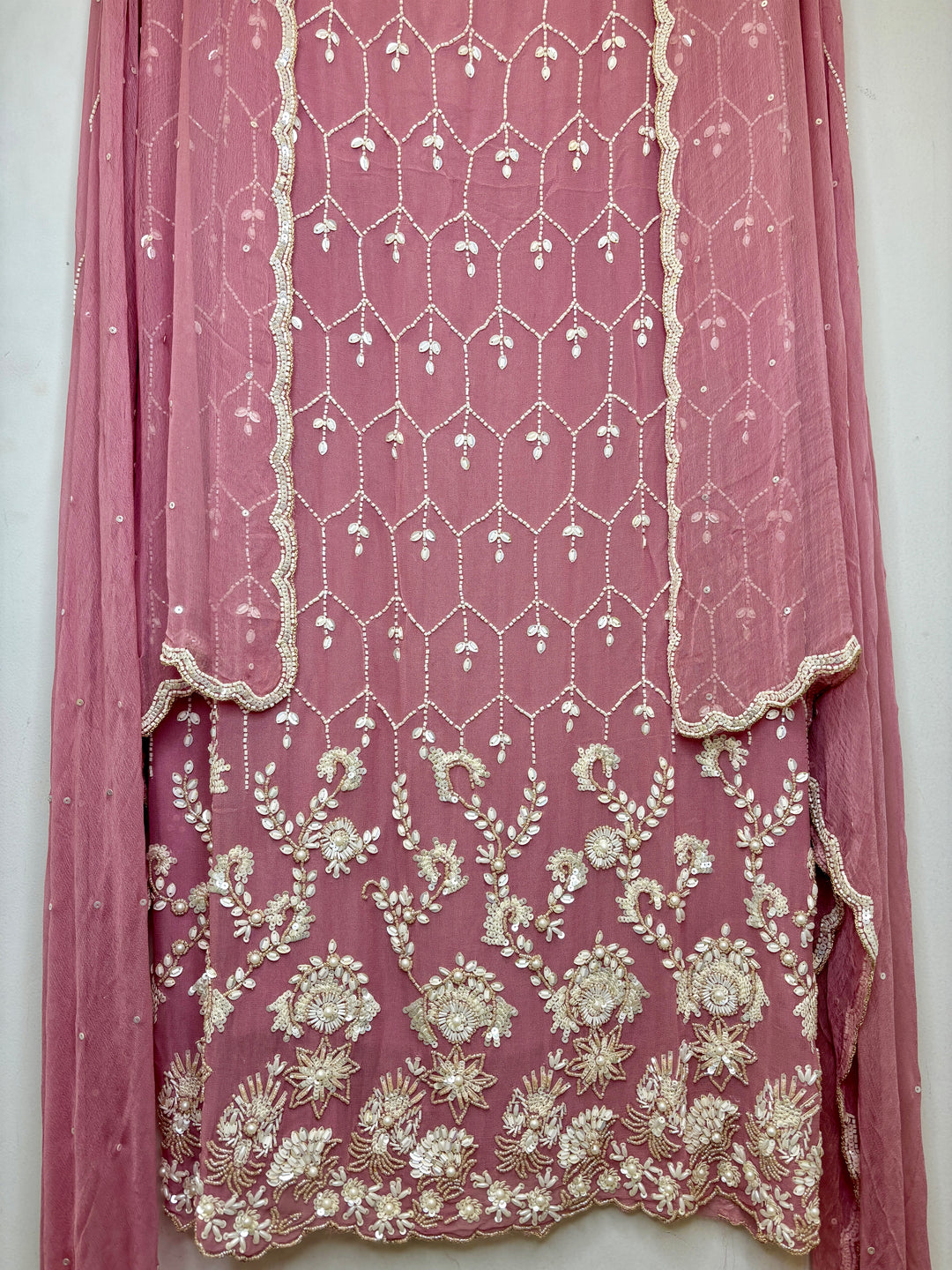 Pink Georgette Unstitched Suit with 3D Handwork