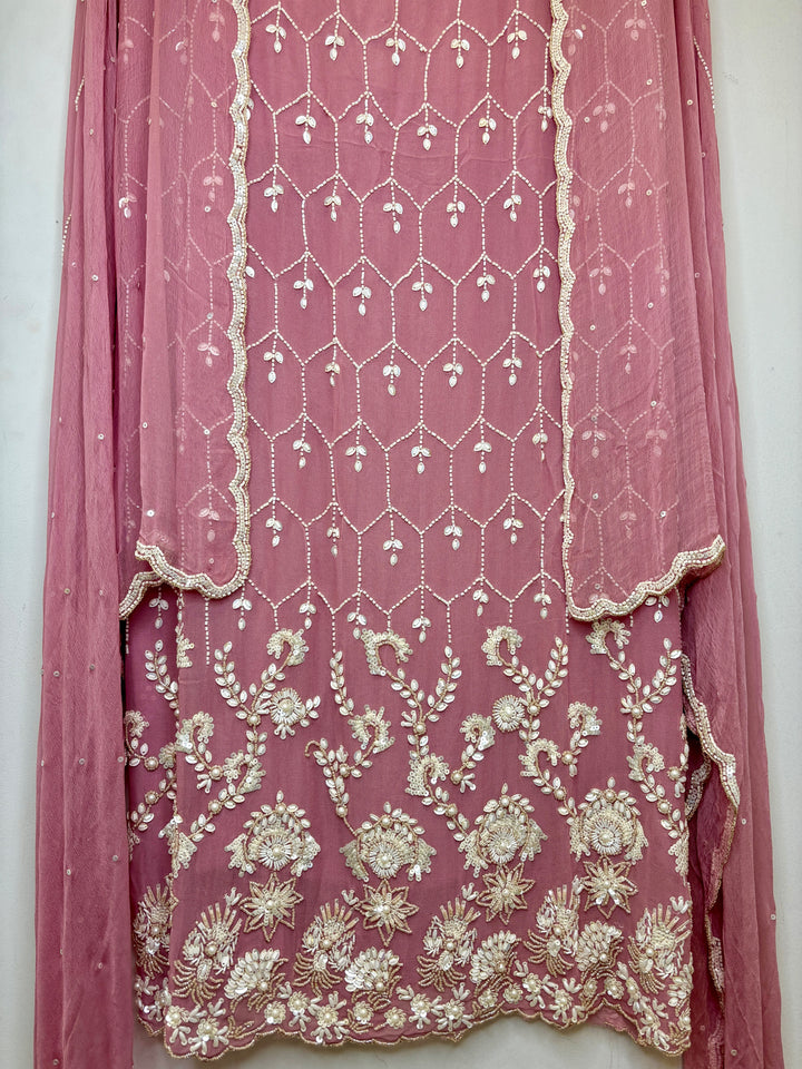 Pink Georgette Unstitched Suit with 3D Handwork