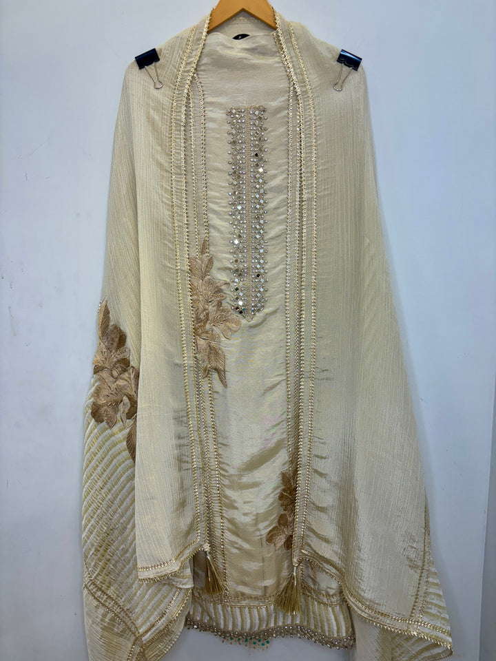 Tissue Shimmer Unstitched Suit with Mirror &amp; Embroidery Work