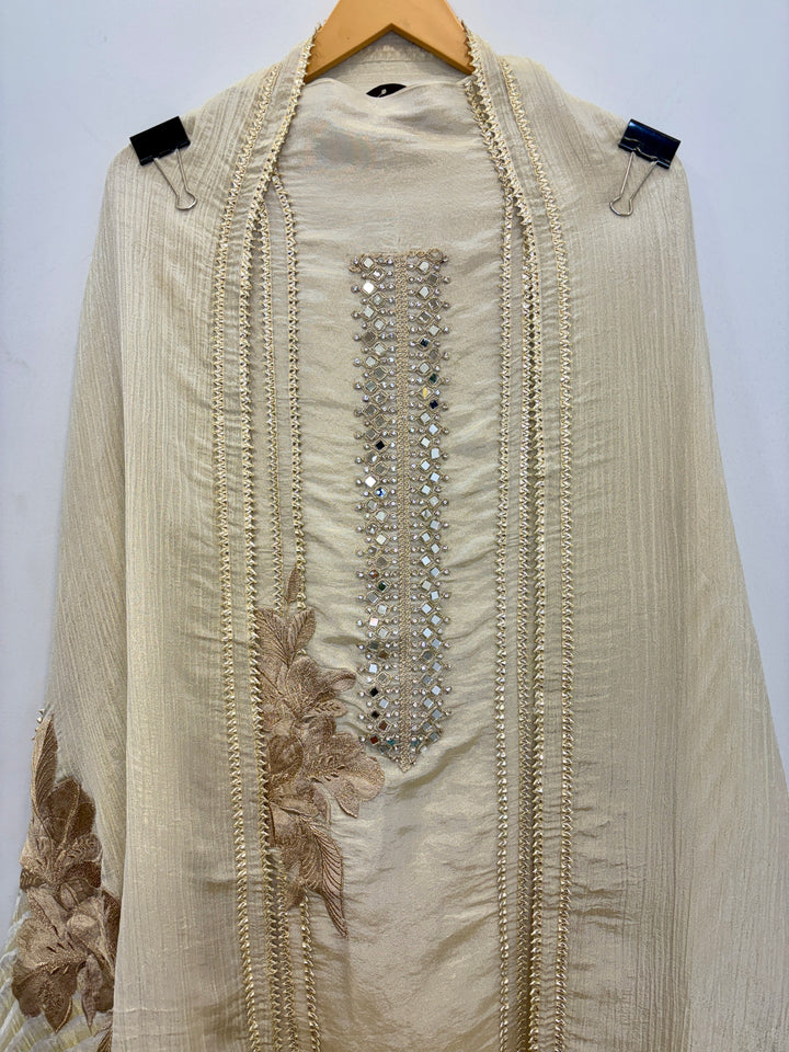 Tissue Shimmer Unstitched Suit with Mirror &amp; Embroidery Work
